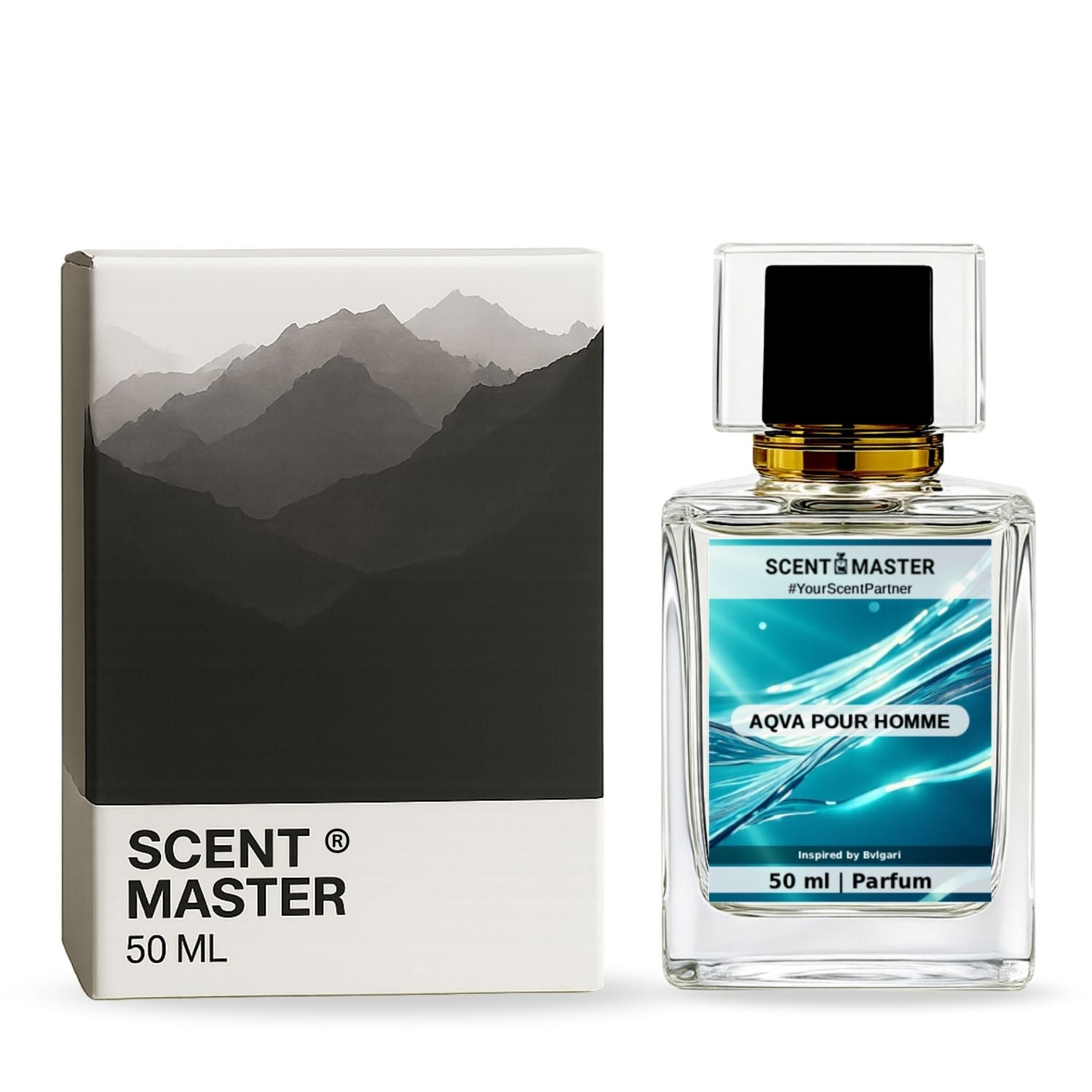 Scent Master perfume bottle and packaging with mountain design