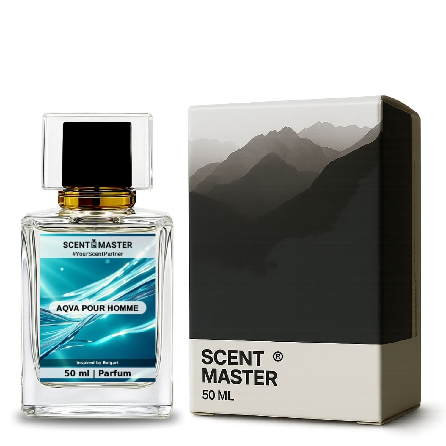 Scent Master perfume bottle and packaging with mountain design on a white background