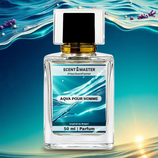 Perfume bottle labeled 'Aqua Pour Homme' by Scent Master on a blue and green gradient background with water and lavender elements.