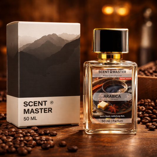 Scent Master Arabica perfume bottle and packaging on a wooden surface with coffee beans.