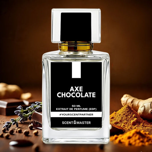 Axe Chocolate perfume bottle with ingredients on a brown background