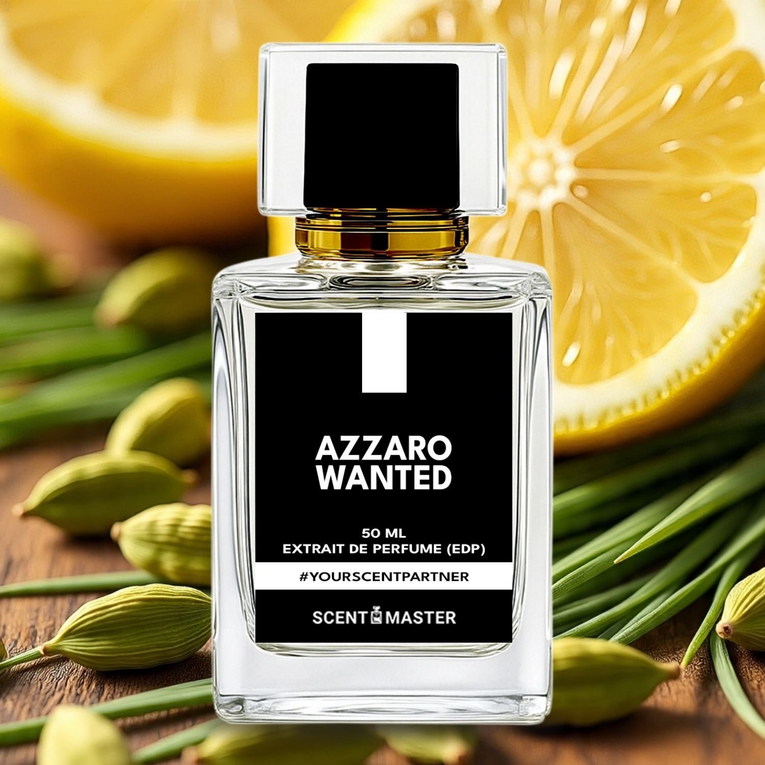 Azzaro Wanted perfume bottle with lemons and cardamom pods on a wooden surface