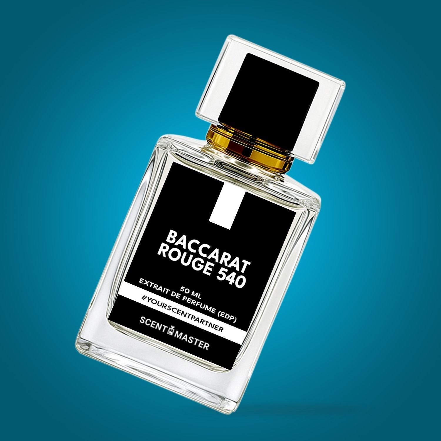 Perfume bottle labeled 'Baccarat Rouge 540' on a blue gradient background
