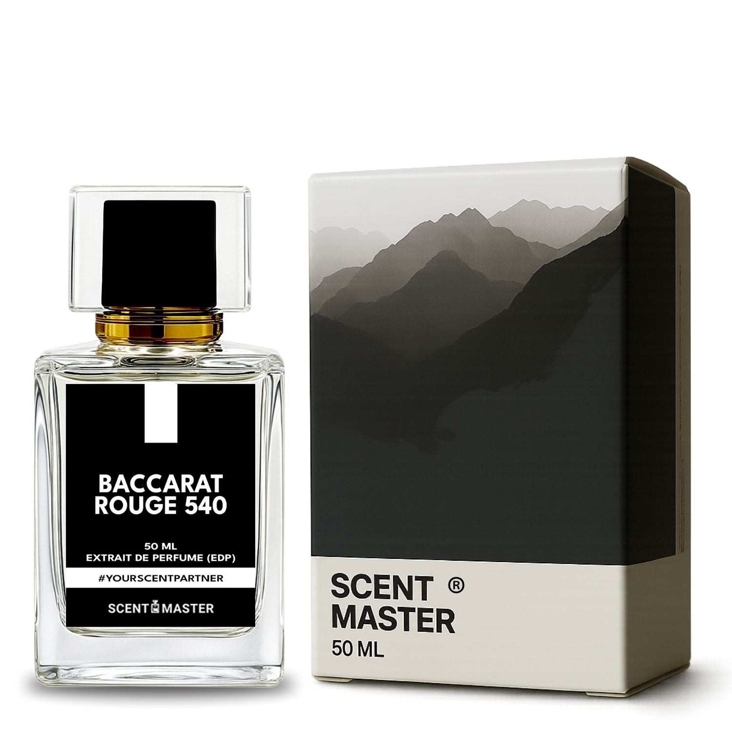 Baccarat Rouge 540 perfume bottle and packaging with mountain design on a white background