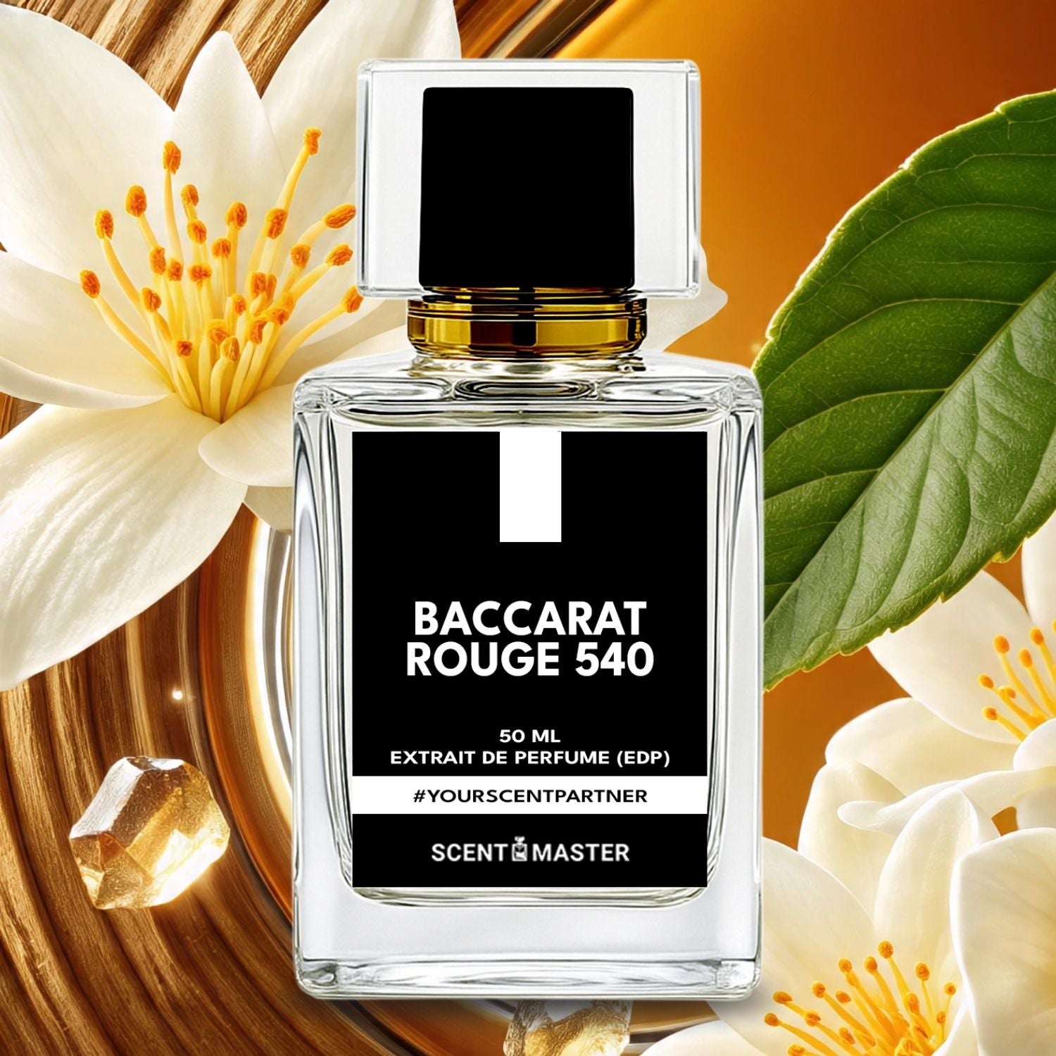 Baccarat Rouge 540 perfume bottle with flowers and leaves on a warm background