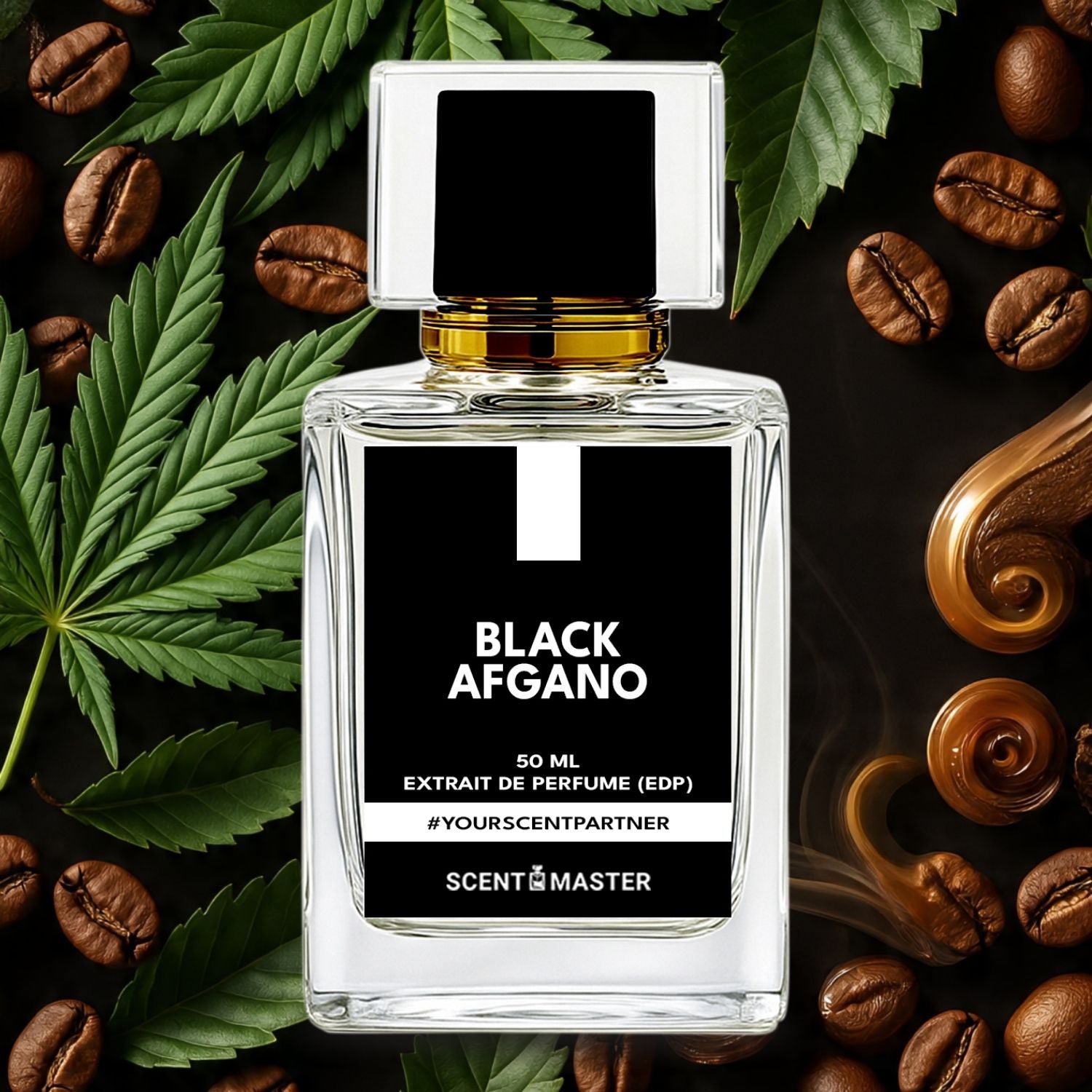 Perfume bottle labeled 'Black Afgano' surrounded by coffee beans and cannabis leaves on a dark background.