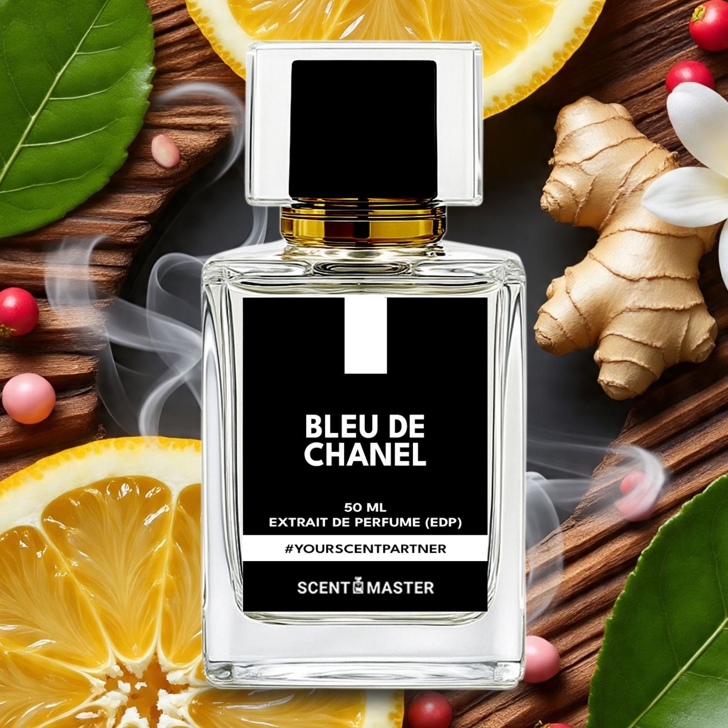 Bleu de Chanel perfume bottle with lemons, ginger, and flowers on a wooden surface