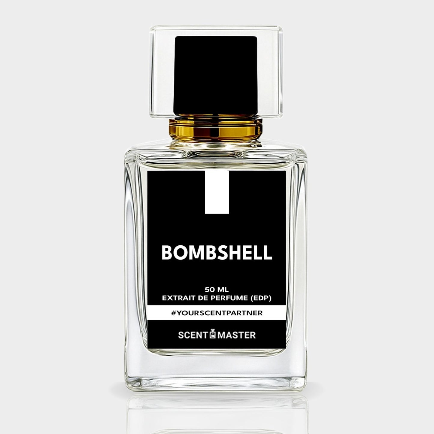 Perfume bottle labeled 'Bombshell' by Scent Master on a white background