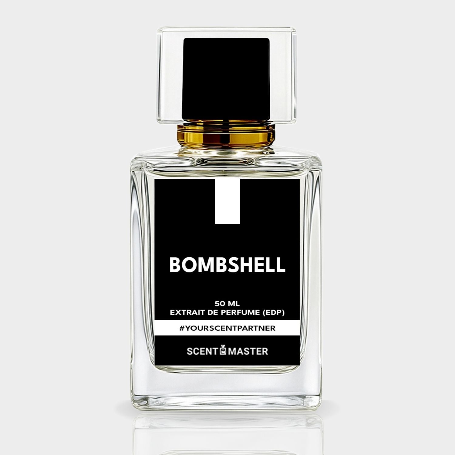 Perfume bottle labeled 'Bombshell' by Scent Master on a white background