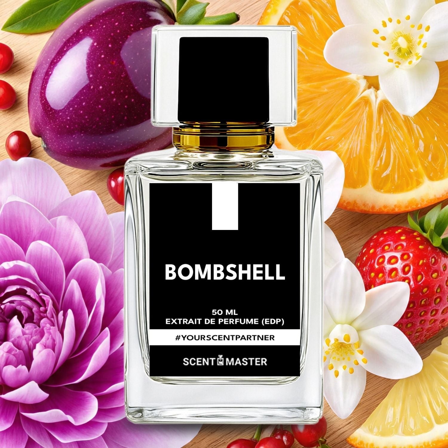 Perfume bottle labeled 'Bombshell' surrounded by fruits and flowers on a wooden surface