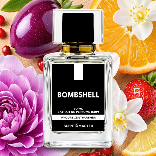 Perfume bottle labeled 'Bombshell' surrounded by fruits and flowers on a wooden surface