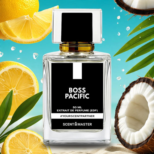 Perfume bottle labeled 'BOSS PACIFIC' with lemons and coconuts on a blue background