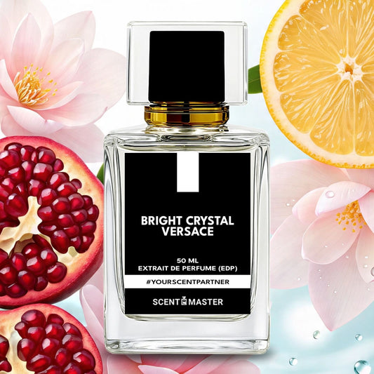Perfume bottle labeled 'Bright Crystal Versace' with floral and fruit elements in the background