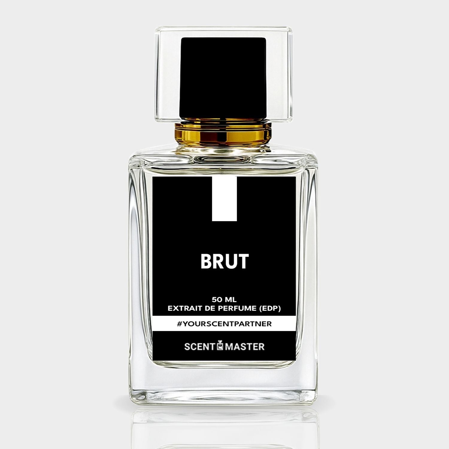 Perfume bottle labeled 'BRUT' by Scent Master on a white background