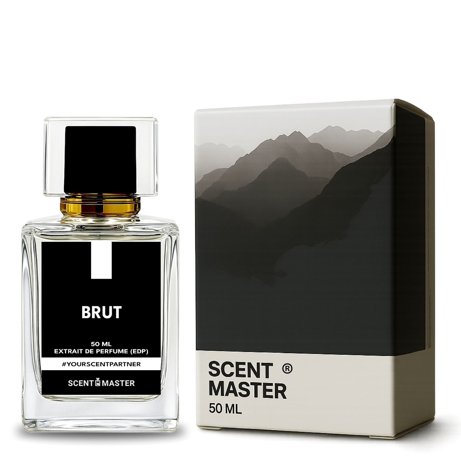 Perfume bottle labeled 'BRUT' by Scent Master with its packaging on a white background