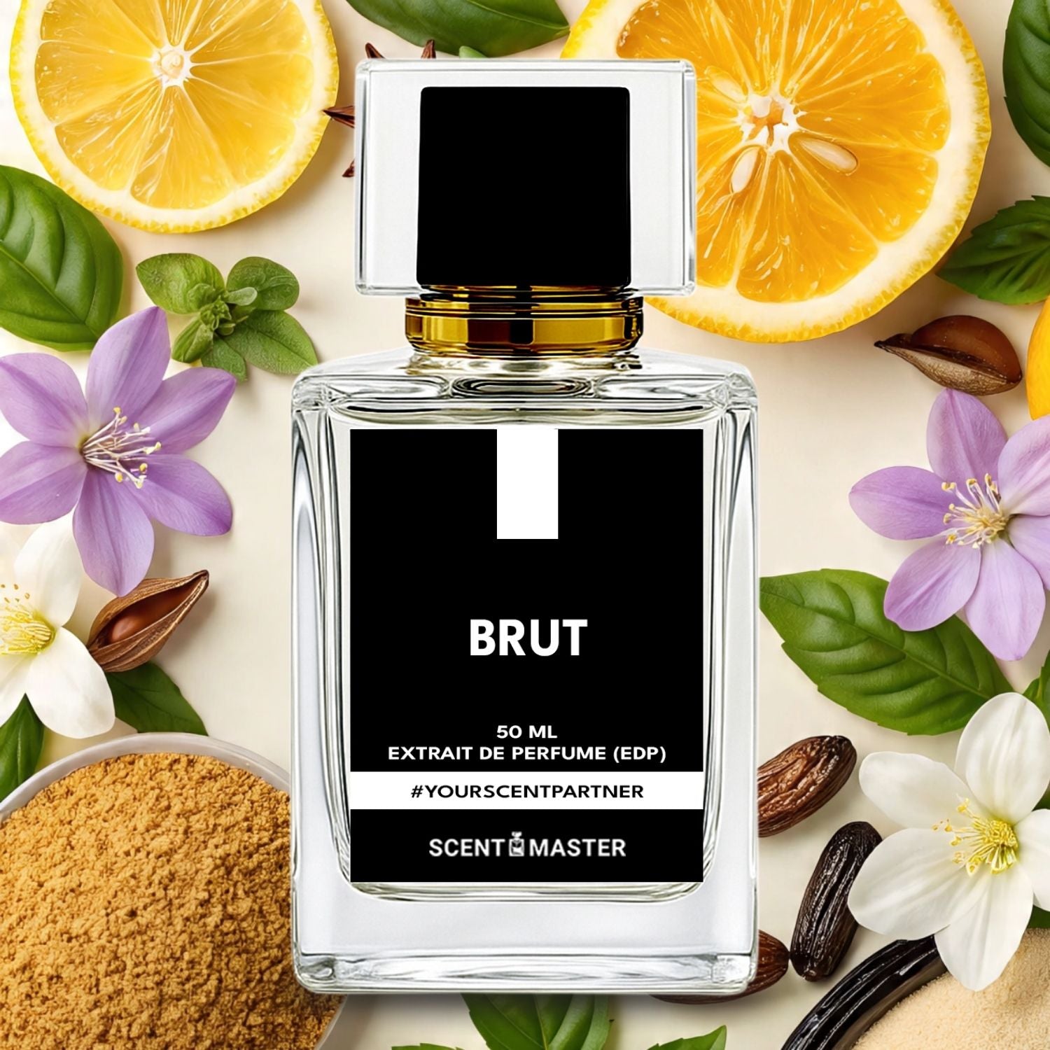 BRUT perfume bottle surrounded by citrus fruits, flowers, and spices on a light background