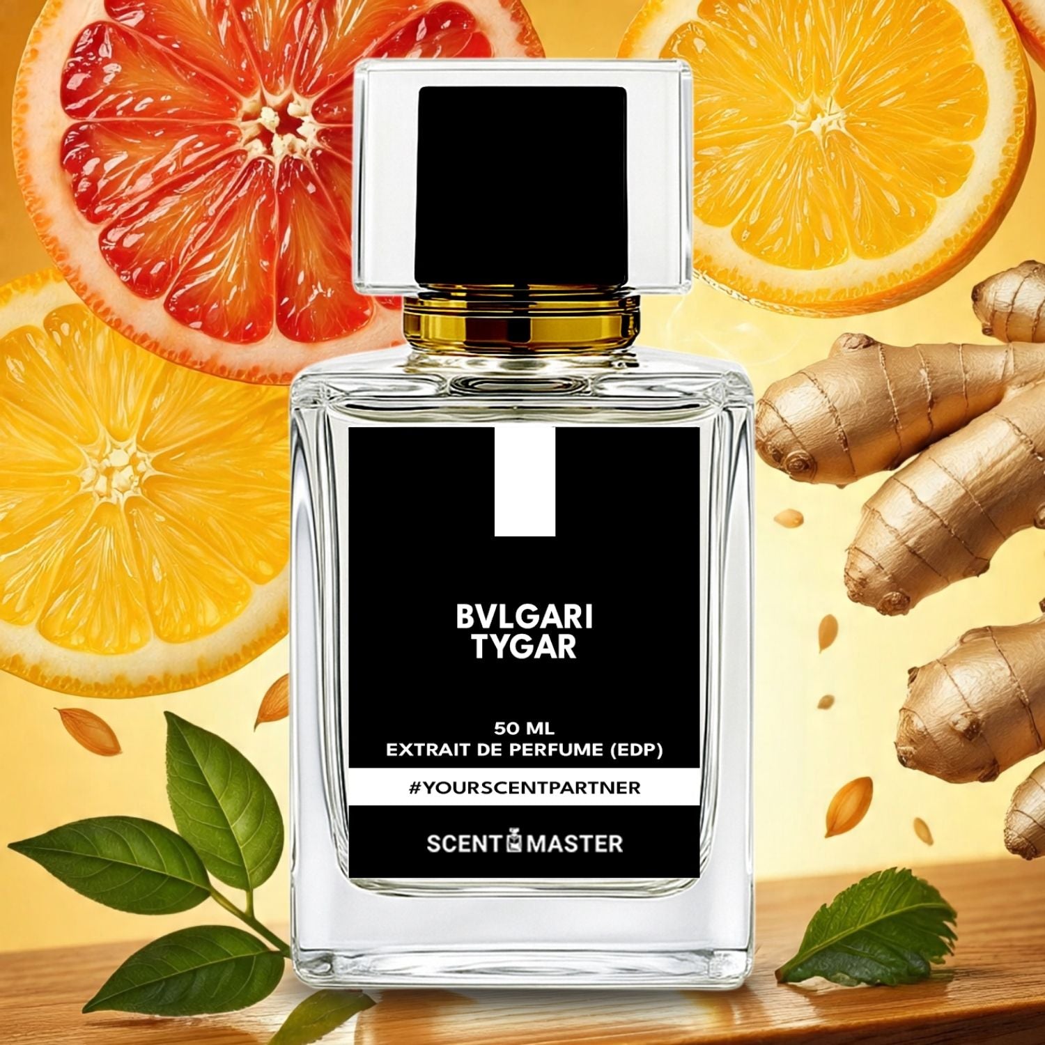 Bulgari Tygar perfume bottle with citrus fruits and ginger on a wooden surface
