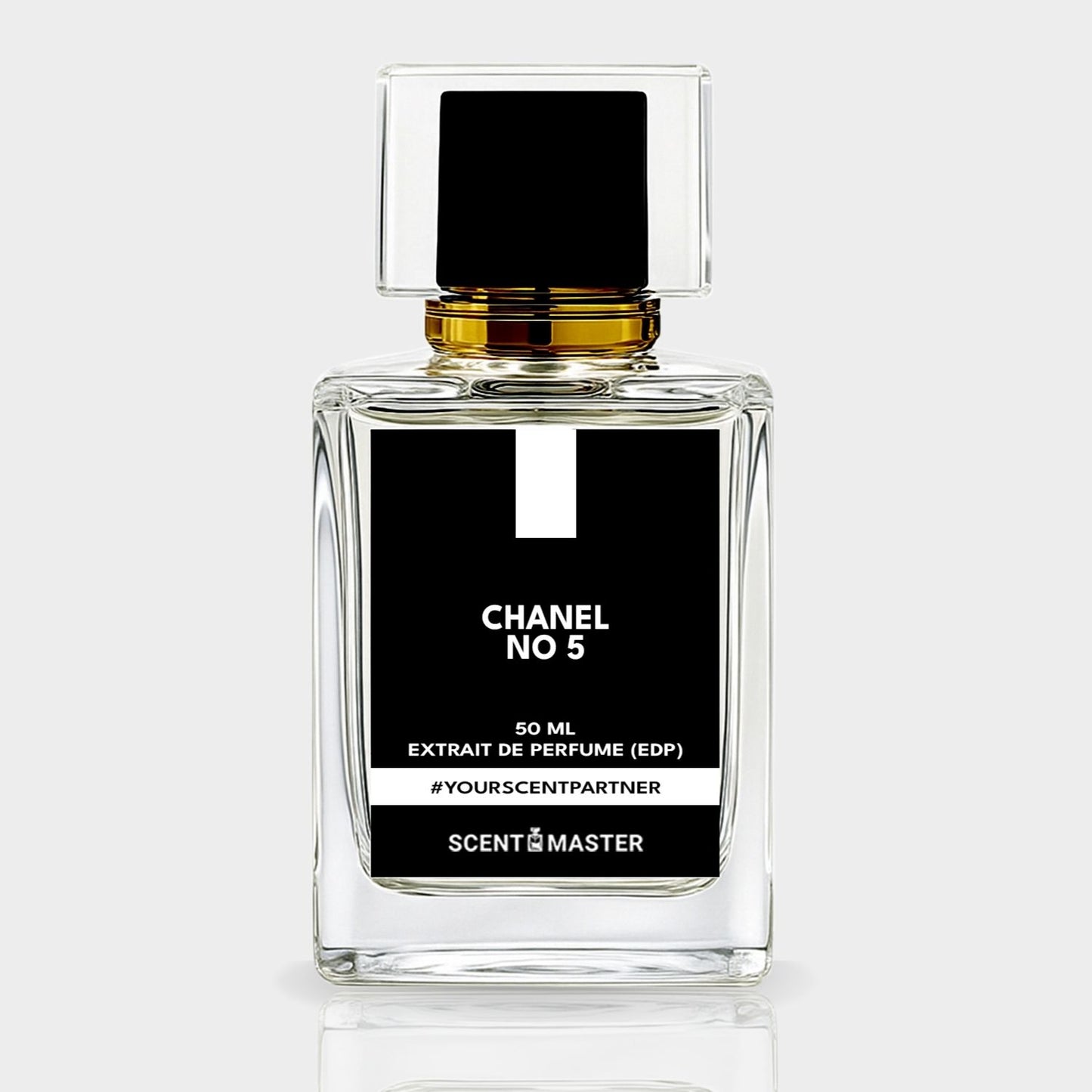 Chanel No 5 perfume bottle with black label on a white background