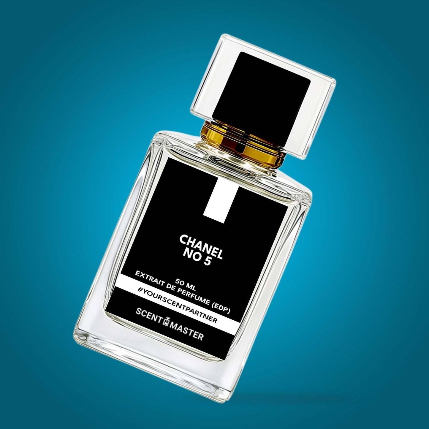Chanel No 5 perfume bottle on a blue gradient background
