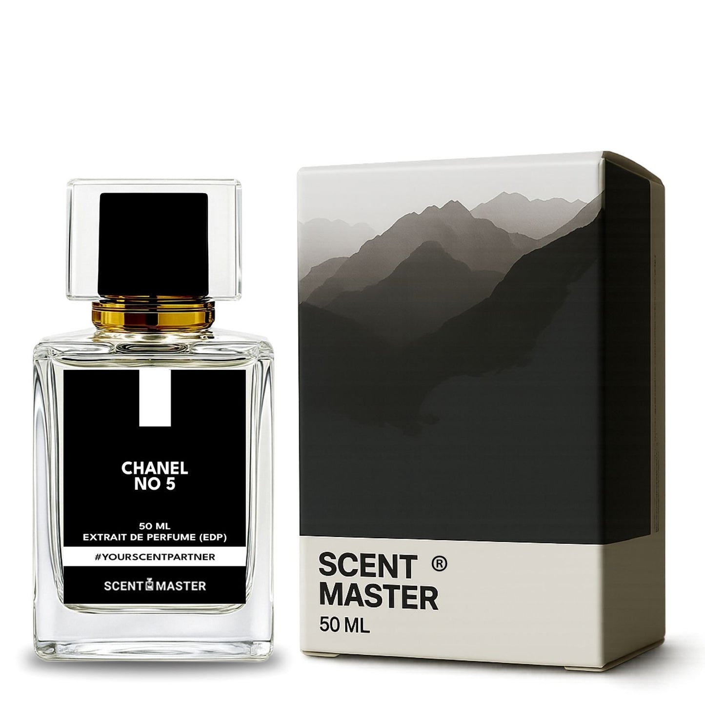 Chanel No 5 perfume bottle and packaging with mountain design on a white background