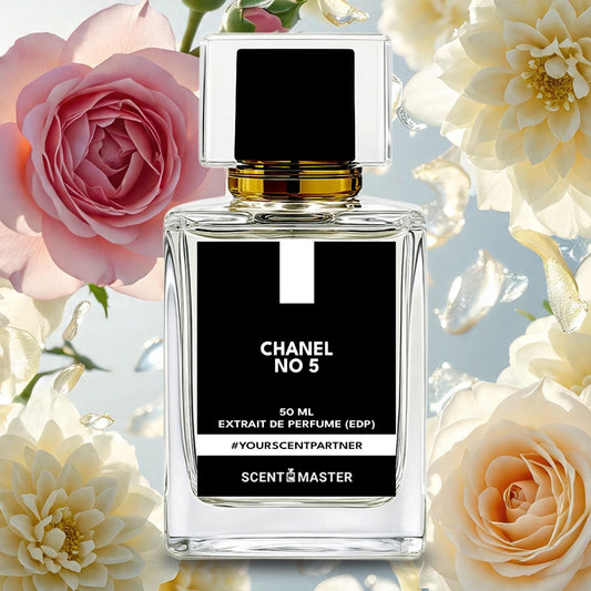 Chanel No 5 perfume bottle with flowers in the background