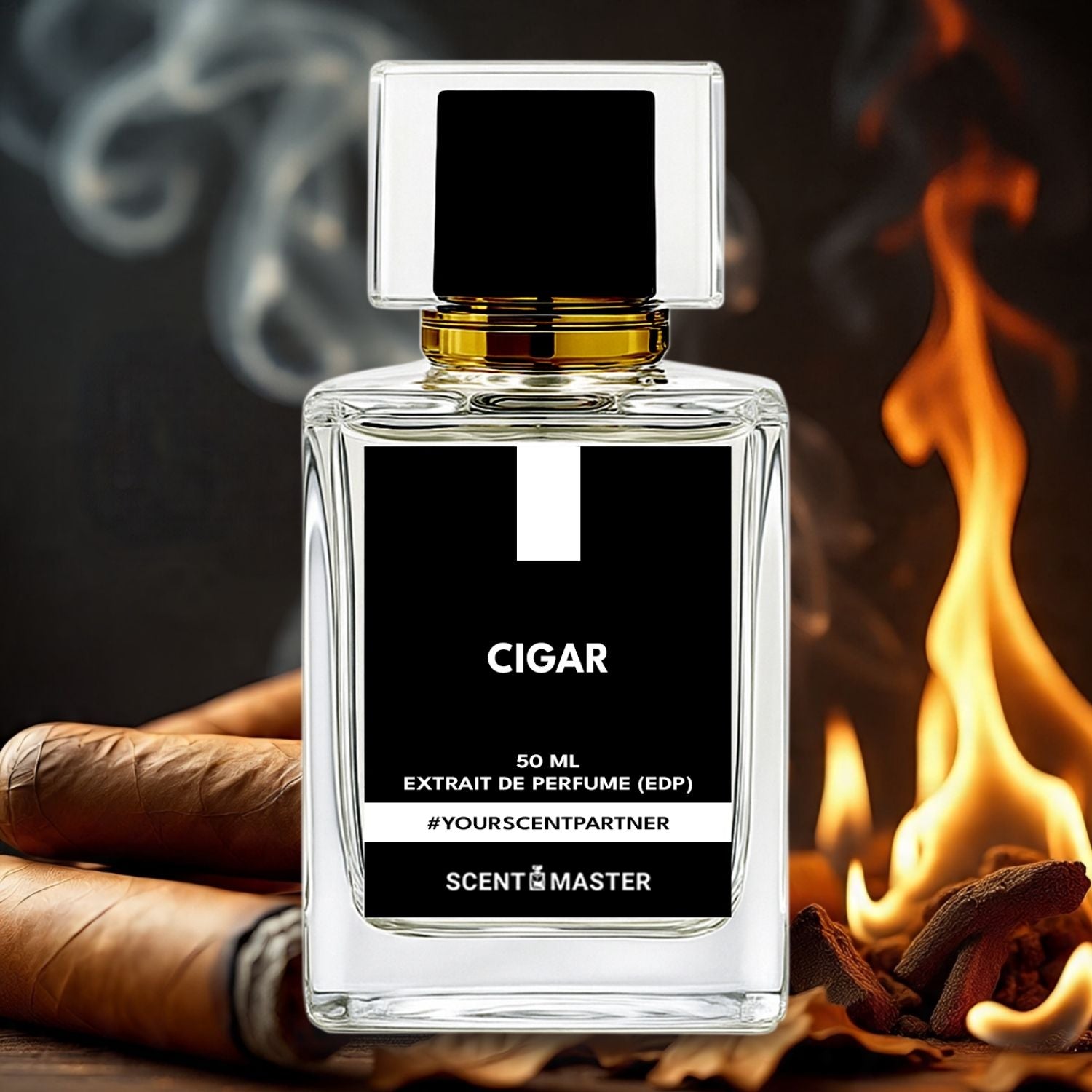 Perfume bottle labeled 'Cigar' with a flame and cigar in the background