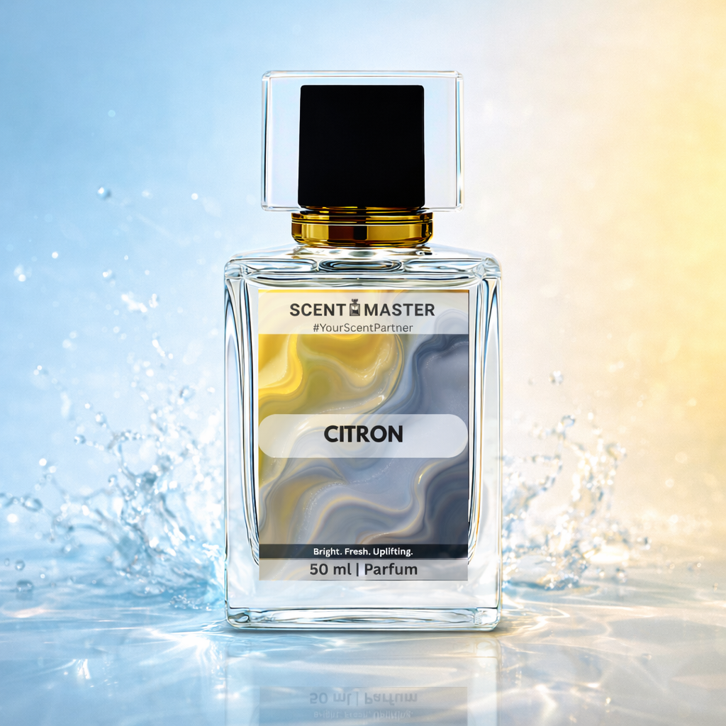 Perfume bottle labeled 'Citron' by Scent Master with a sparkling background