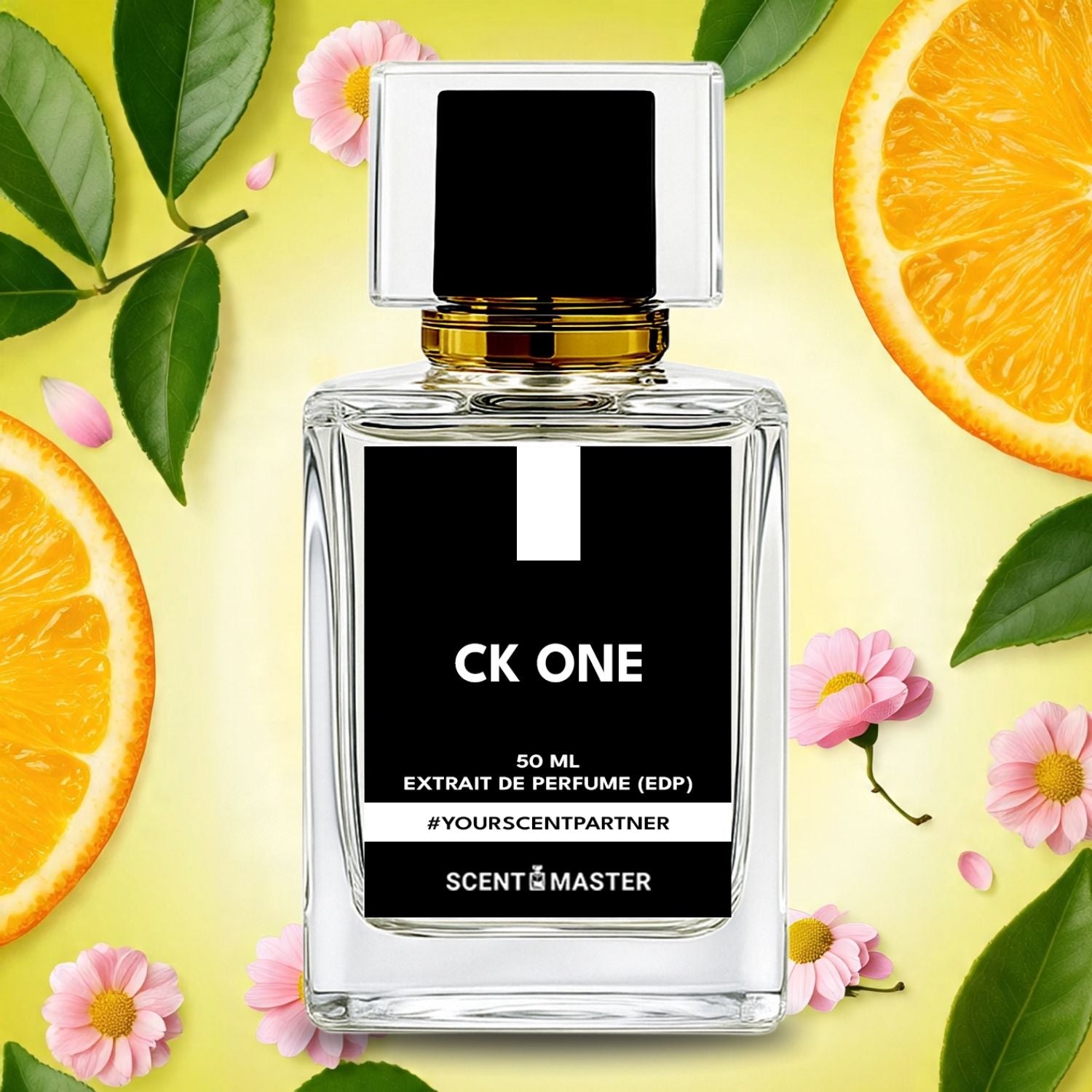 CK One perfume bottle with oranges and flowers on a yellow background