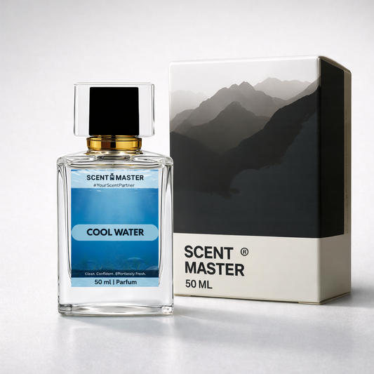 Perfume bottle and packaging of Scent Master 'Cool Water' on a white background