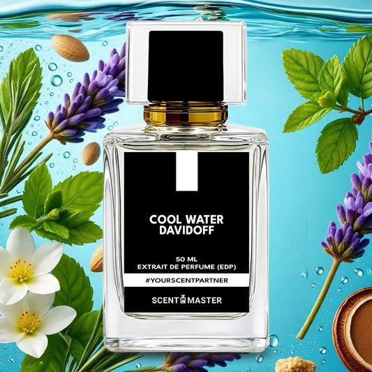 Davidoff Cool Water perfume bottle with floral and leaf elements on a blue background