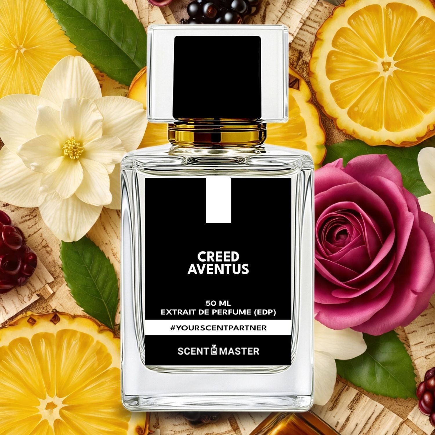 Perfume bottle labeled 'Creed Aventus' surrounded by flowers and fruits on a decorative background