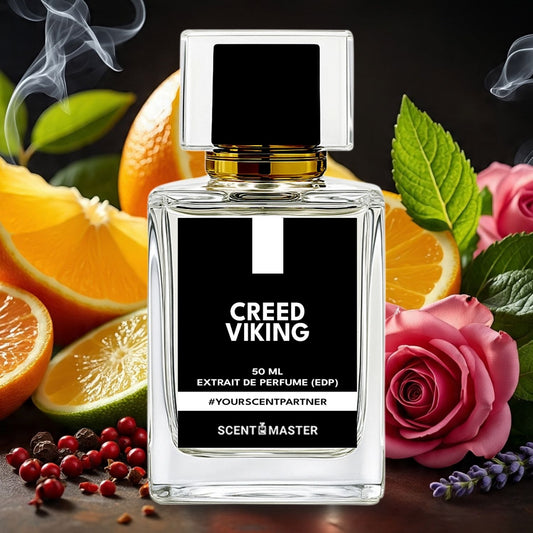 Perfume bottle labeled 'Creed Viking' surrounded by fruits, flowers, and leaves on a dark background