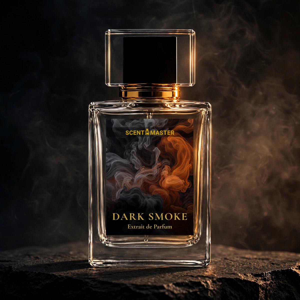 Cinematic photorealistic image of the uploaded Dark Smoke bottle, unchanged in shape, label, and branding, positioned on a dark stone surface with dramatic side lighting creating strong contrast between warm amber highlights and deep shadow. Faint atmospheric haze in the background suggests smoke without obscuring the product. Moody, high-impact, luxury advertising style. Sharp focus on the bottle, softly blurred dark background. Commercial cinematic product photography, photorealistic. Aspect Ratio: 1:1. S