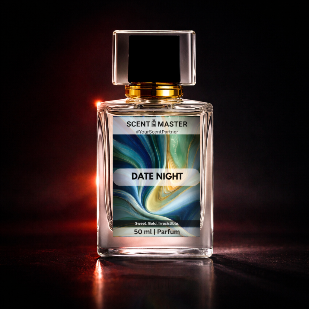 Perfume bottle labeled 'Date Night' by Scent Master on a dark background