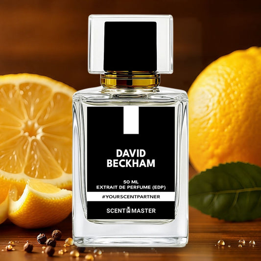 David Beckham perfume bottle with lemons on a wooden surface