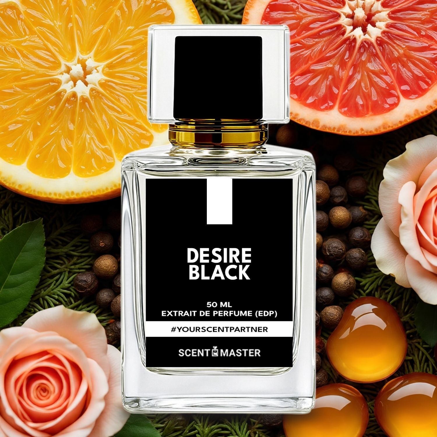 Perfume bottle labeled 'Desire Black' surrounded by fruits and flowers