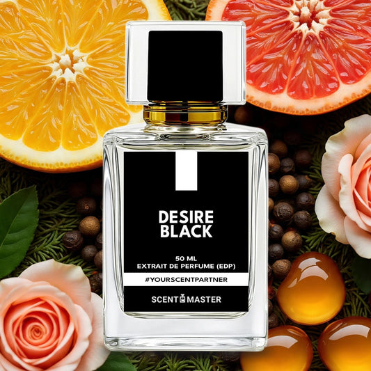 Perfume bottle labeled 'Desire Black' surrounded by fruits and flowers