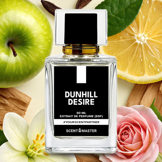 Dunhill Desire perfume bottle surrounded by fruits and flowers on a light background
