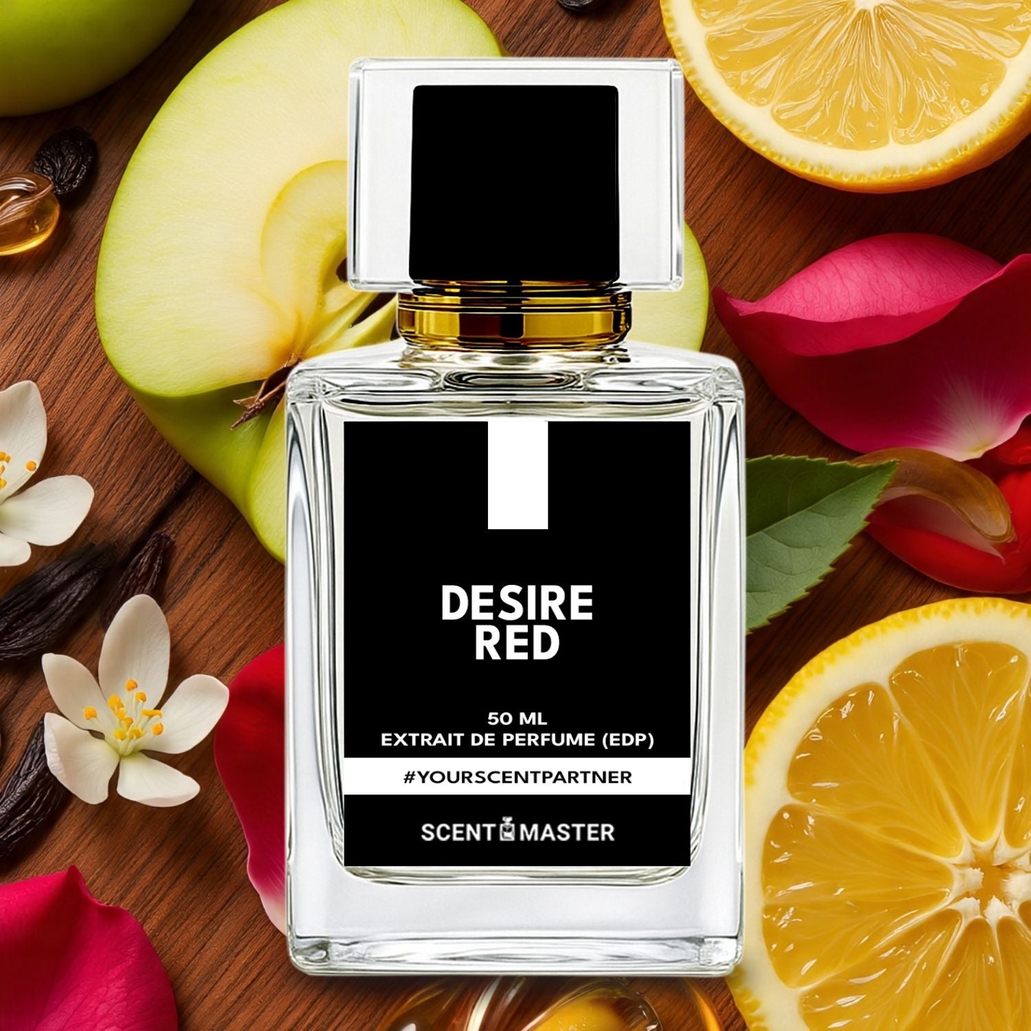 Perfume bottle labeled 'Desire Red' surrounded by fruits and flowers on a wooden surface