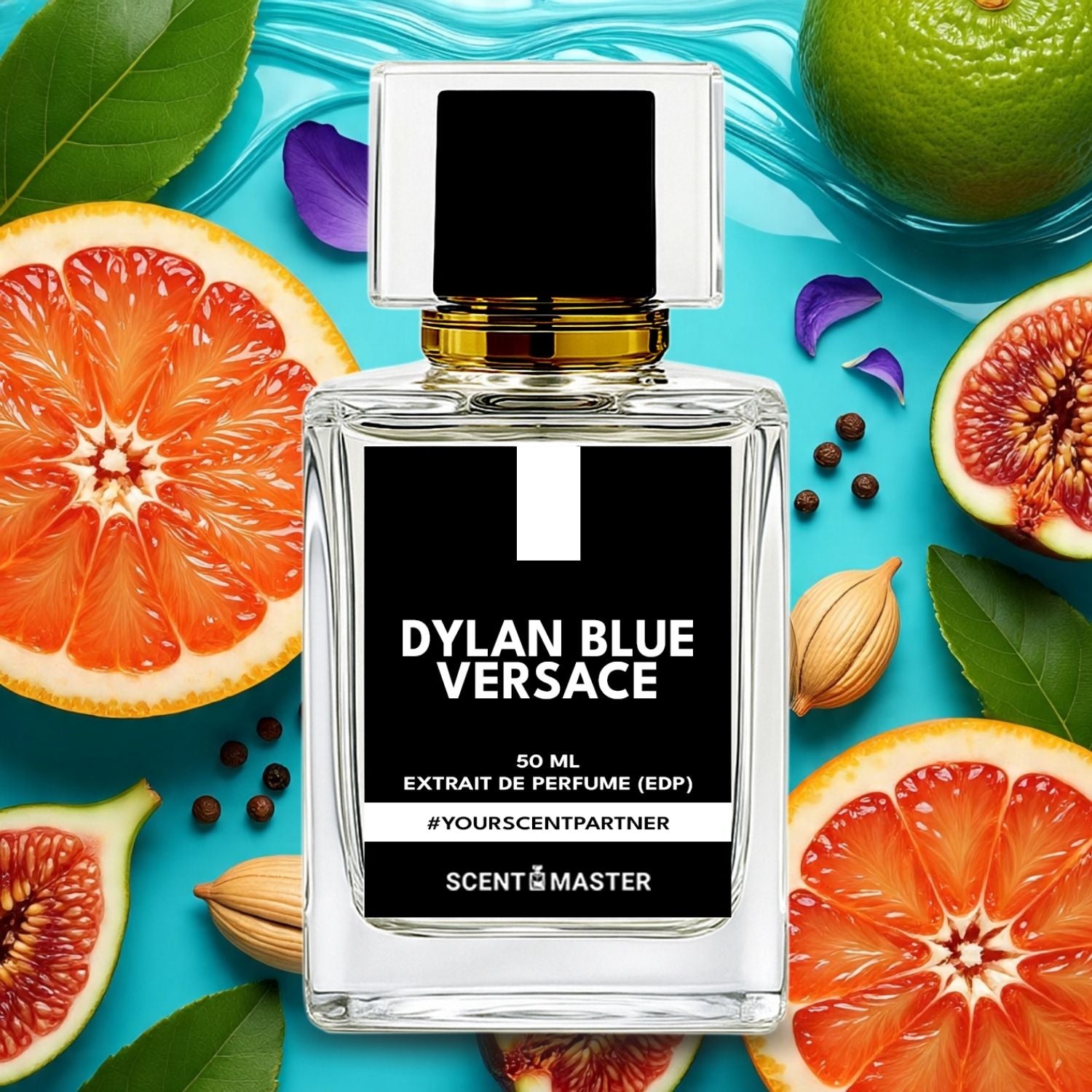 Perfume bottle labeled 'Dylan Blue Versace' surrounded by fruits and leaves on a blue background