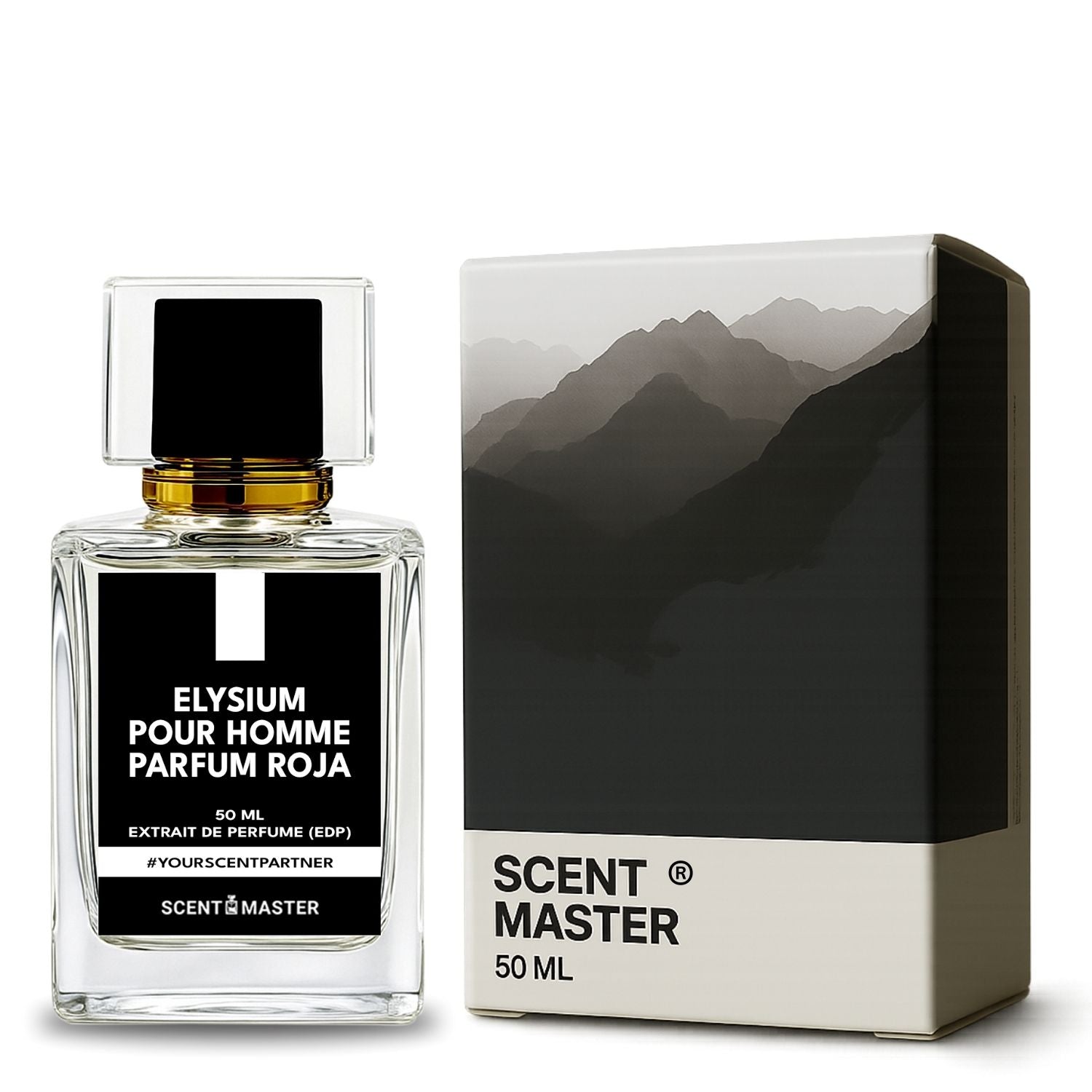 Perfume bottle and packaging with 'Elysium Pour Homme' and 'Scent Master' branding on a white background.