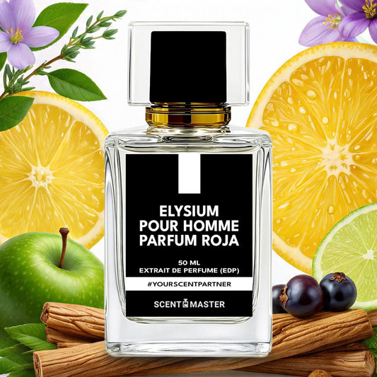 Parfum bottle labeled 'Elysium Pour Homme' surrounded by fruits and spices on a white background