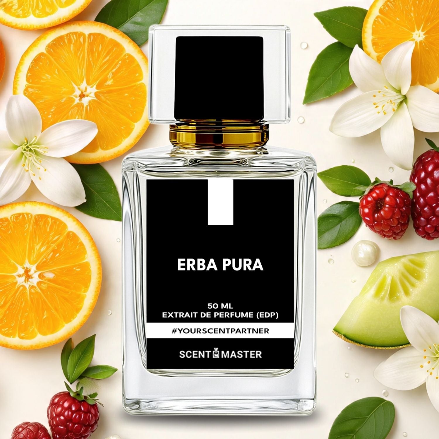 Perfume bottle labeled 'ERBA PURA' surrounded by fruits and flowers on a white background
