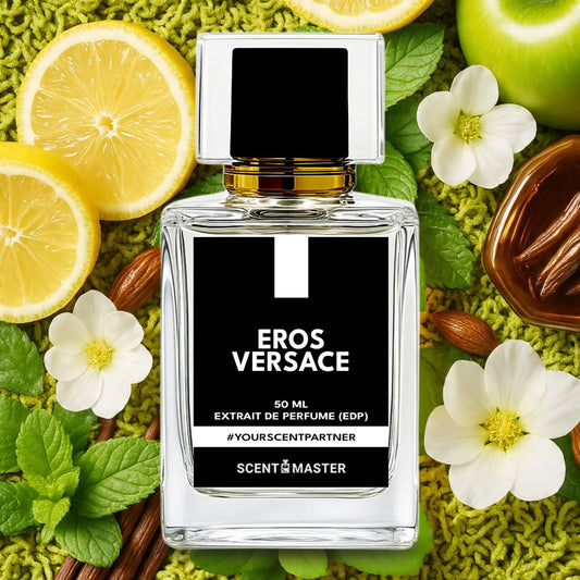 Perfume bottle labeled 'Eros Versace' surrounded by lemons, apples, and flowers on a green background