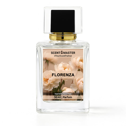 Perfume bottle labeled 'Florenza' by Scent Master on a white background