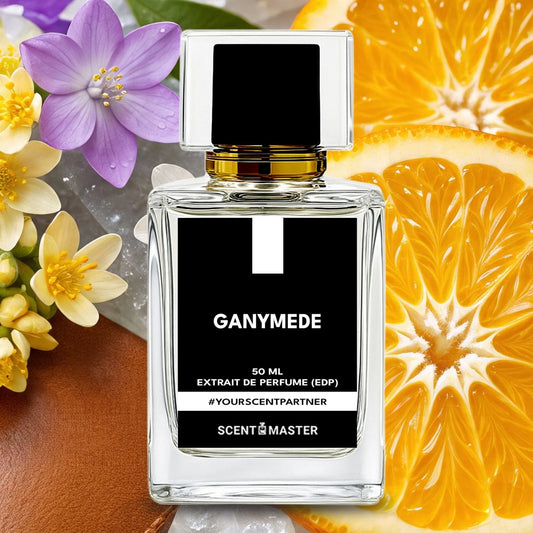Perfume bottle labeled 'GANYMEDE' with flowers and oranges in the background