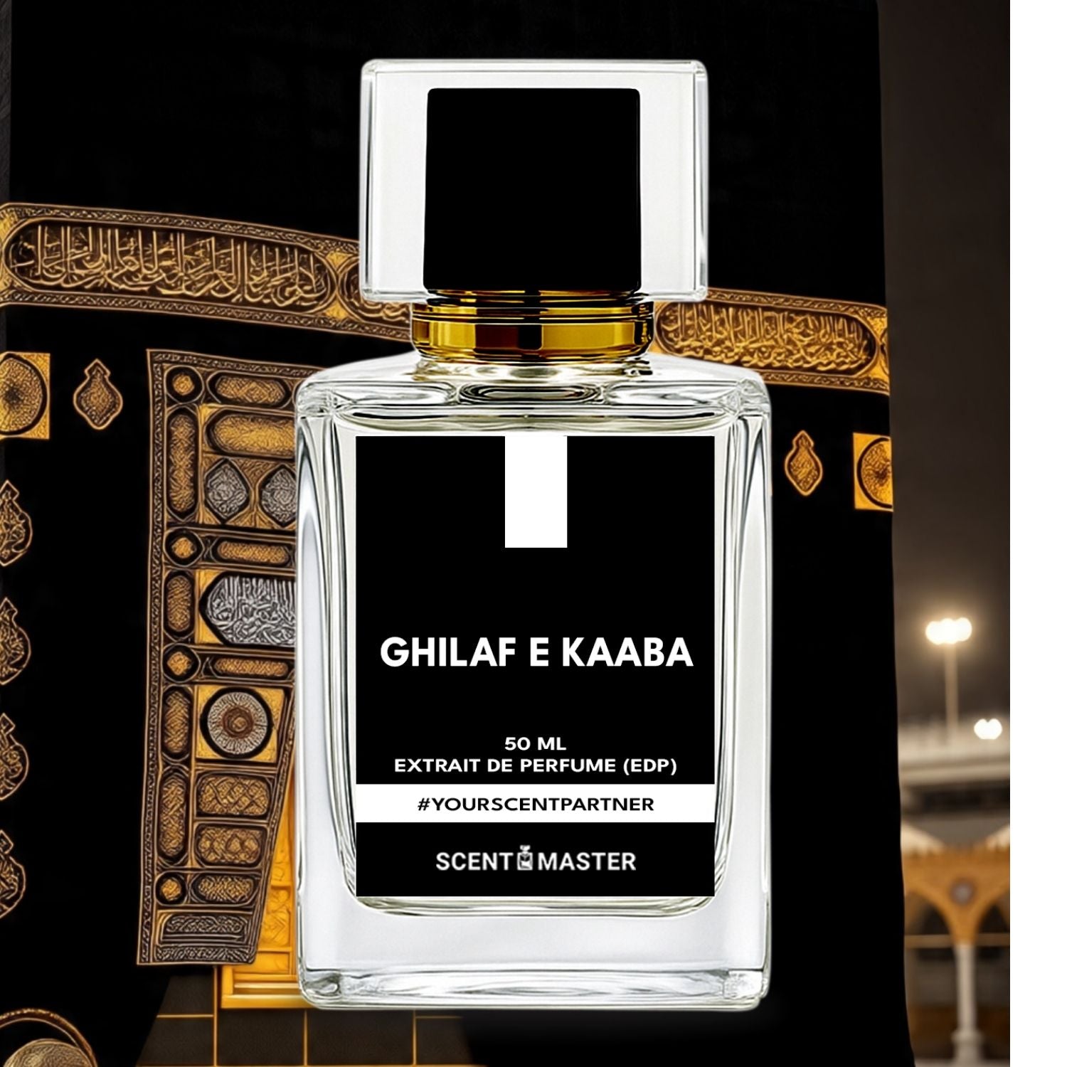 Perfume bottle labeled 'Ghilaf E Kaaba' with decorative background