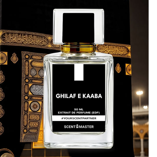 Perfume bottle labeled 'Ghilaf E Kaaba' with decorative background