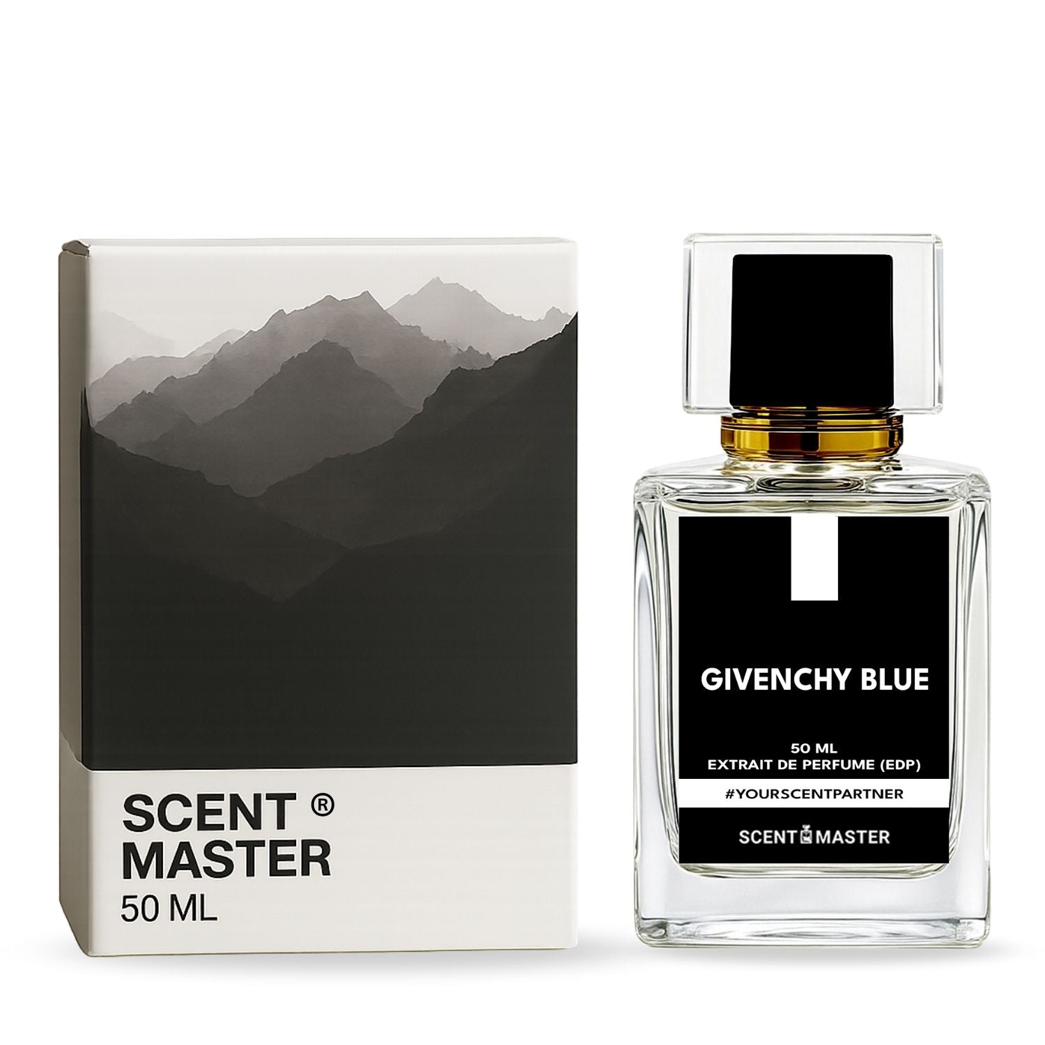 Givenchy Blue perfume bottle and packaging with mountain design on a white background