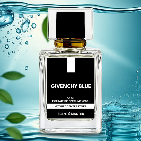 Givenchy Blue perfume bottle with water and leaves in the background